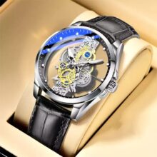 ساعت مچی مردانه چرمی صفحه شیشه ای چرخ دنده بین باند