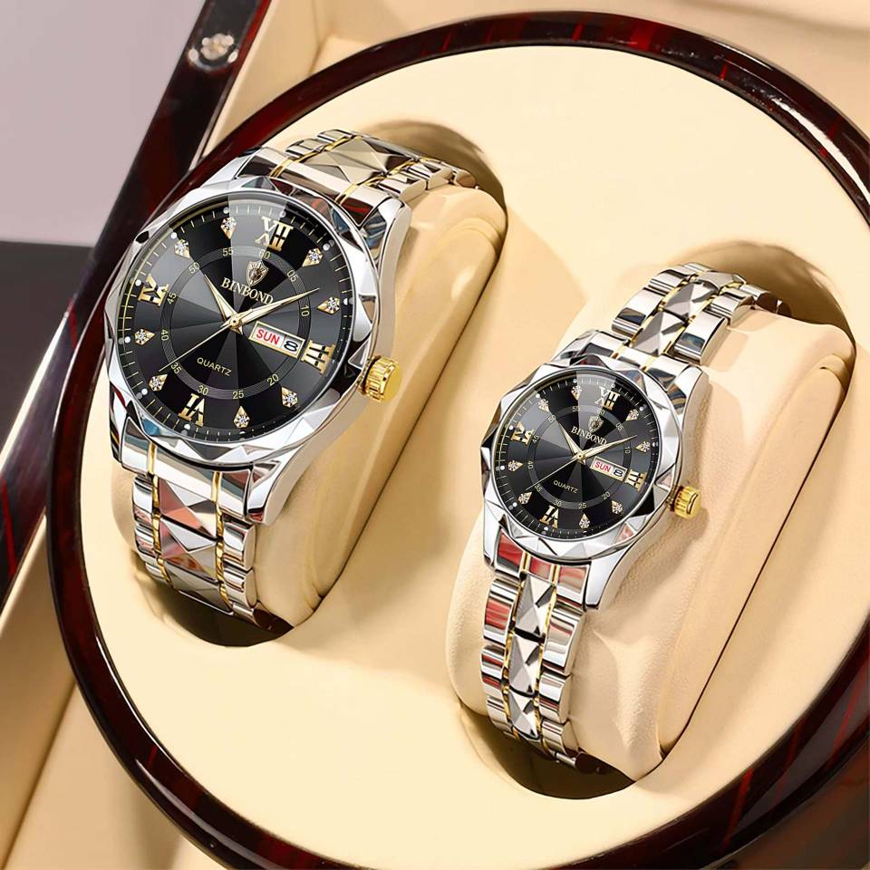 ست ساعت مچی زنانه و مردانه بین باند BIN BOND شب نما و شیشه الماسی